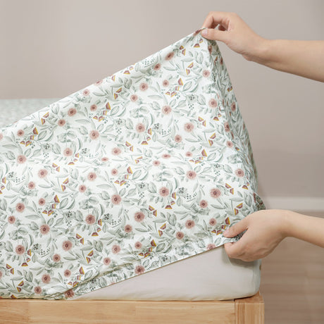Renee Taylor Red Gum 250TC Cotton Percale Sheet Set - Eucalyptus Leaf Print (OEKO-TEX Certified)
