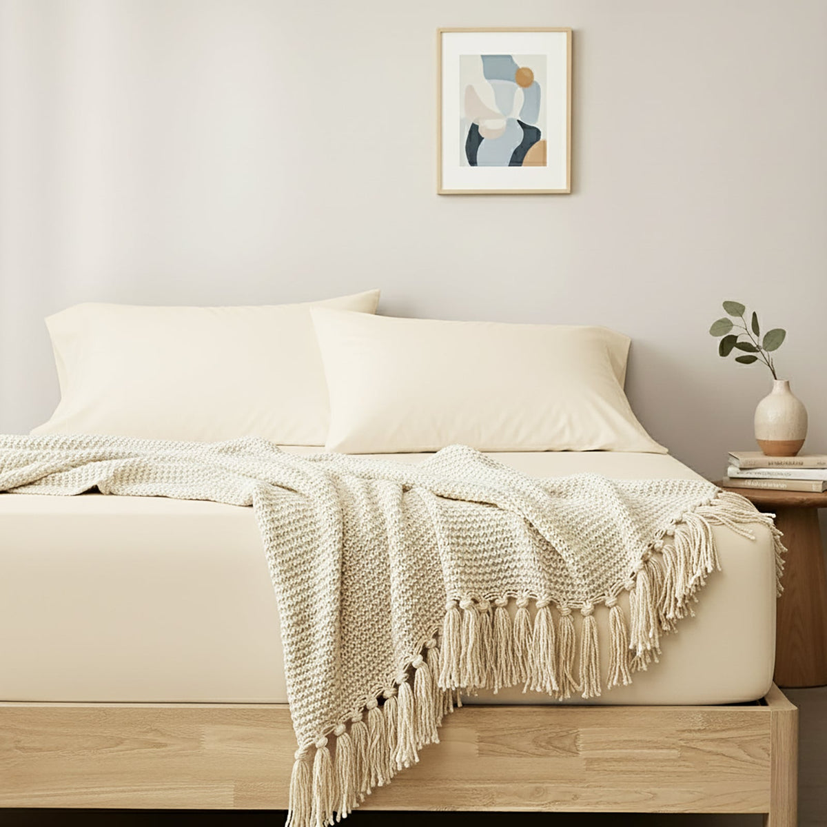 Renee Taylor 400TC Egyptian Cotton Fitted Sheet & Pillowcase Set - Vanilla (OEKO-TEX Certified)