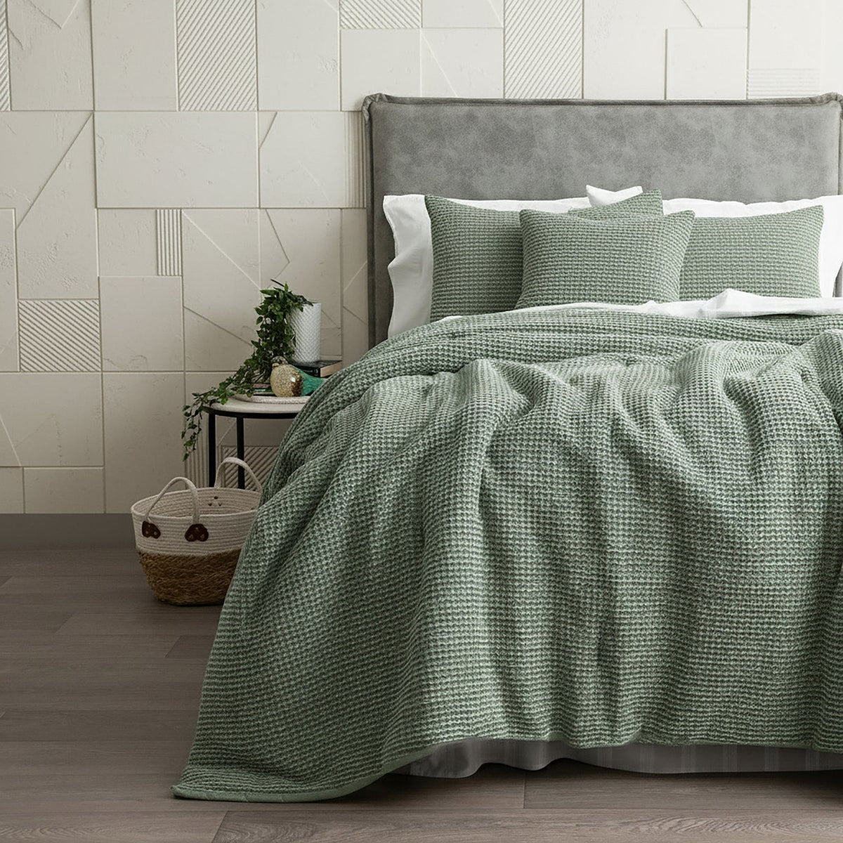 Cloud Linen Boronia Stonewashed Cotton Waffle Comforter Set - Moss (OEKO-TEX Certified)