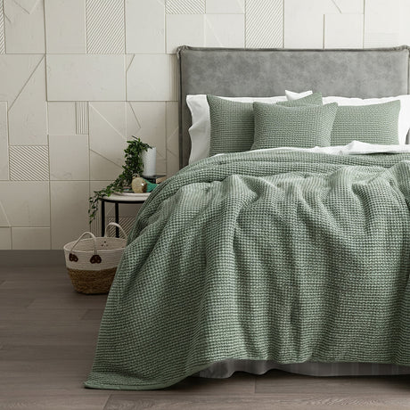 Cloud Linen Boronia Stonewashed Cotton Waffle Comforter Set - Moss (OEKO-TEX Certified)