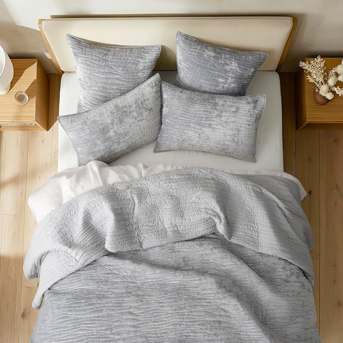 Renee Taylor Blake Velvet Coverlet Set - Silver Line (Bedspread with Cotton Reverse)