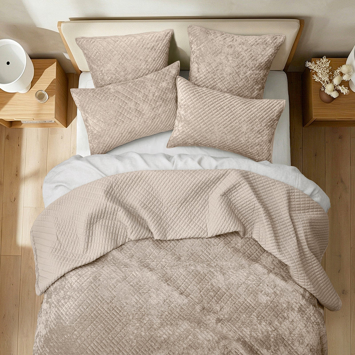 Renee Taylor Archie Cross Stitch Velvet Coverlet Set - Nude (Bedspread with Cotton Reverse)