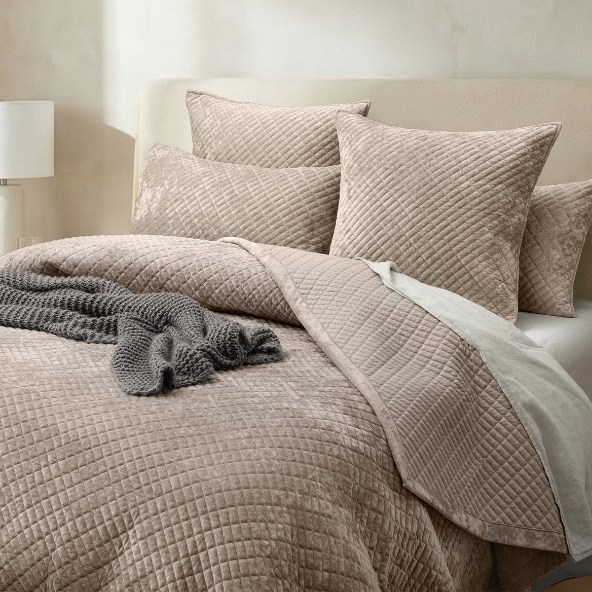 Renee Taylor Archie Cross Stitch Velvet Coverlet Set - Nude (Bedspread with Cotton Reverse)