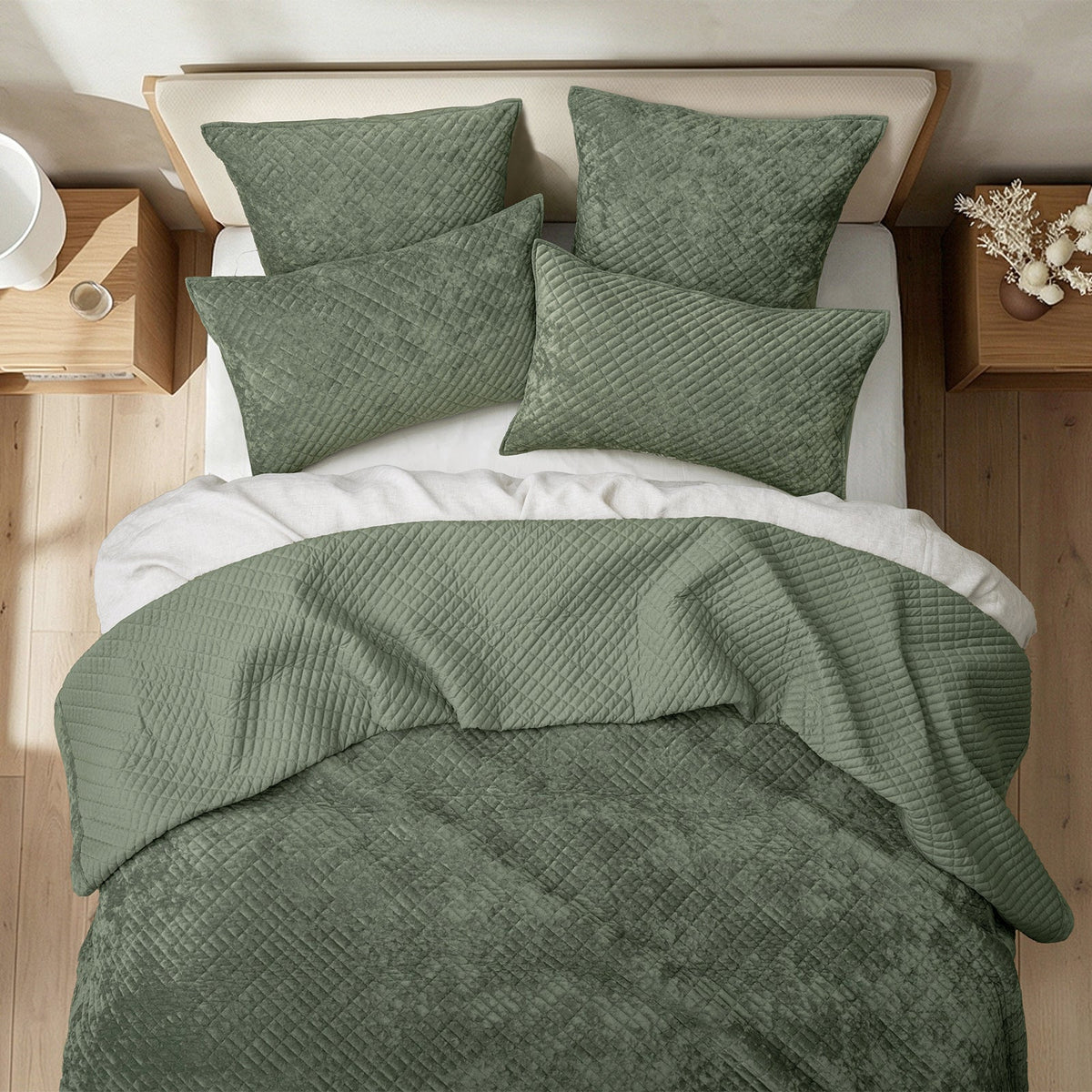 Renee Taylor Archie Cross Stitch Velvet Coverlet Set - Military (Bedspread with Cotton Reverse)