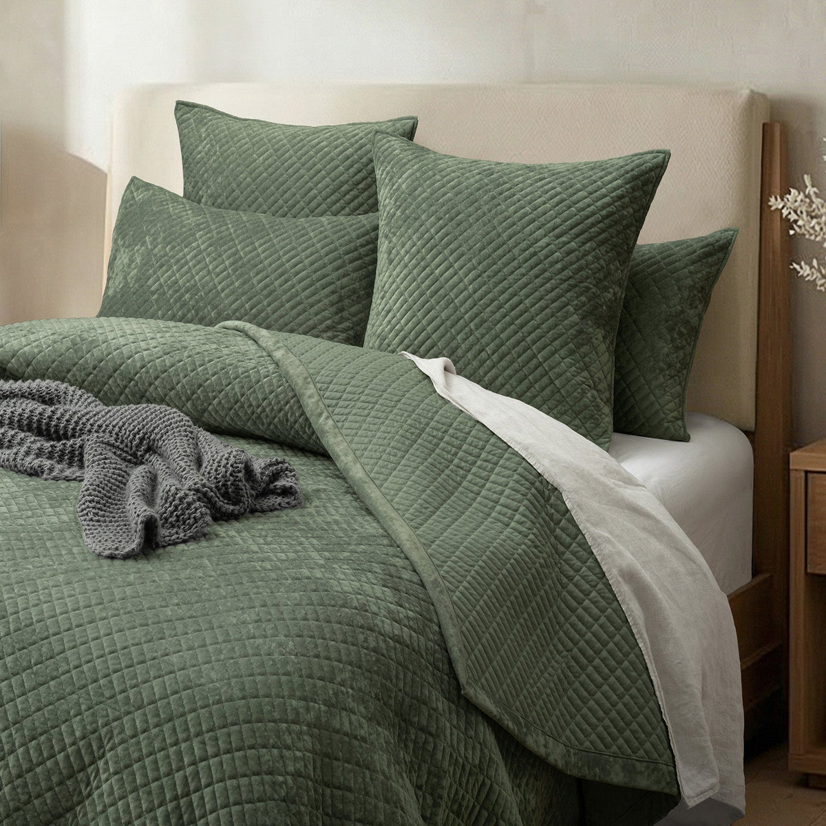 Renee Taylor Archie Cross Stitch Velvet Coverlet Set - Military (Bedspread with Cotton Reverse)