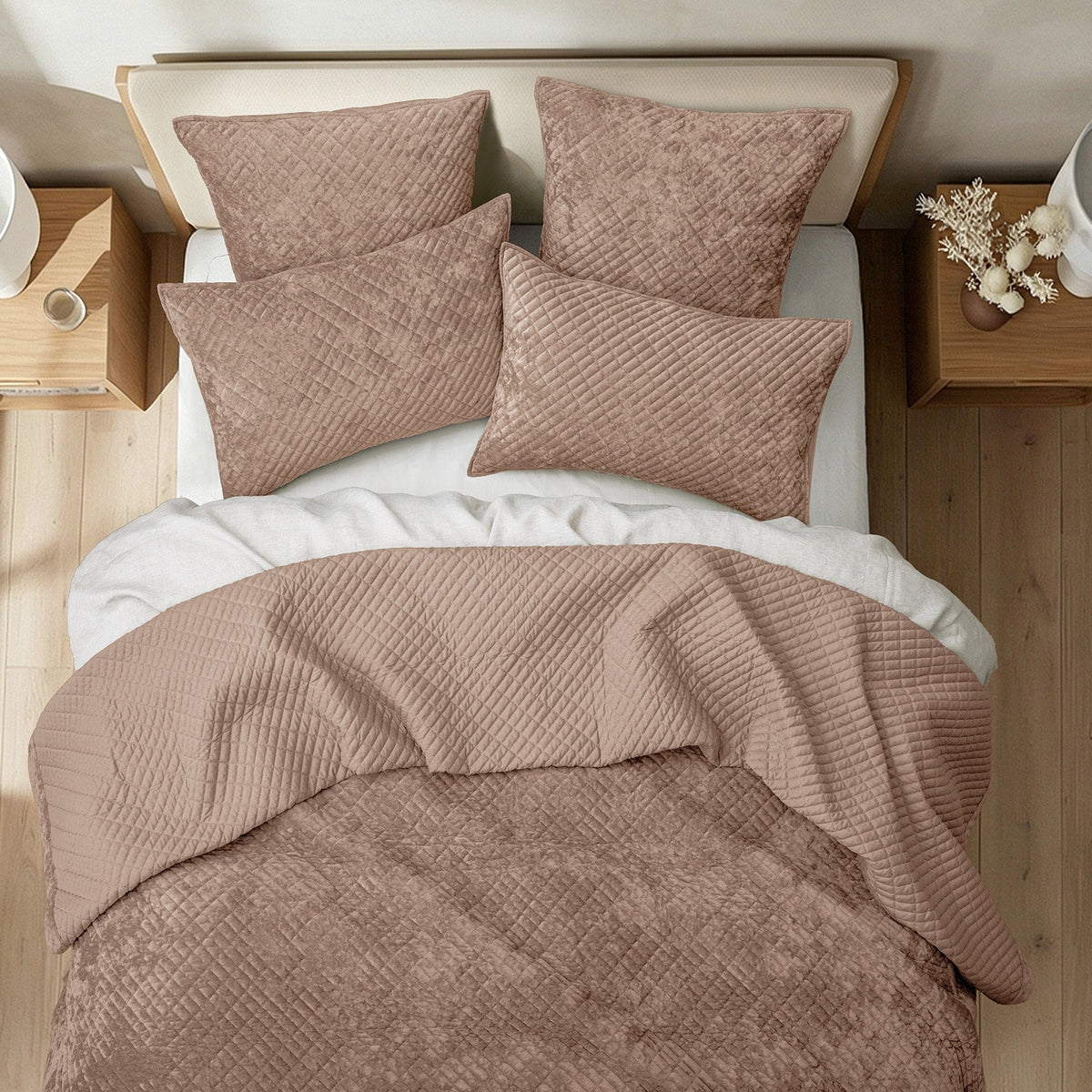 Renee Taylor Archie Cross Stitch Velvet Coverlet Set - Wood (Bedspread with Cotton Reverse)