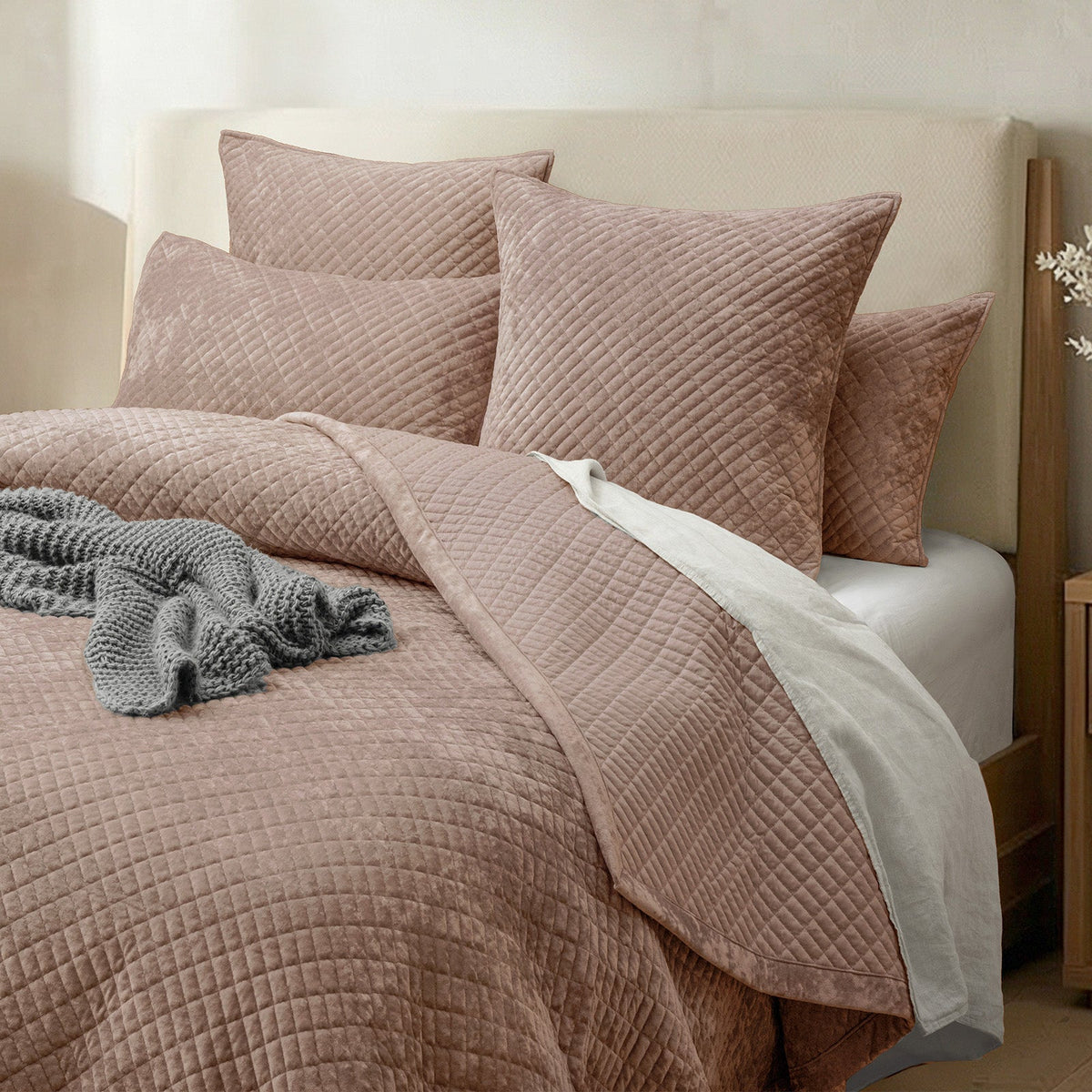 Renee Taylor Archie Cross Stitch Velvet Coverlet Set - Wood (Bedspread with Cotton Reverse)