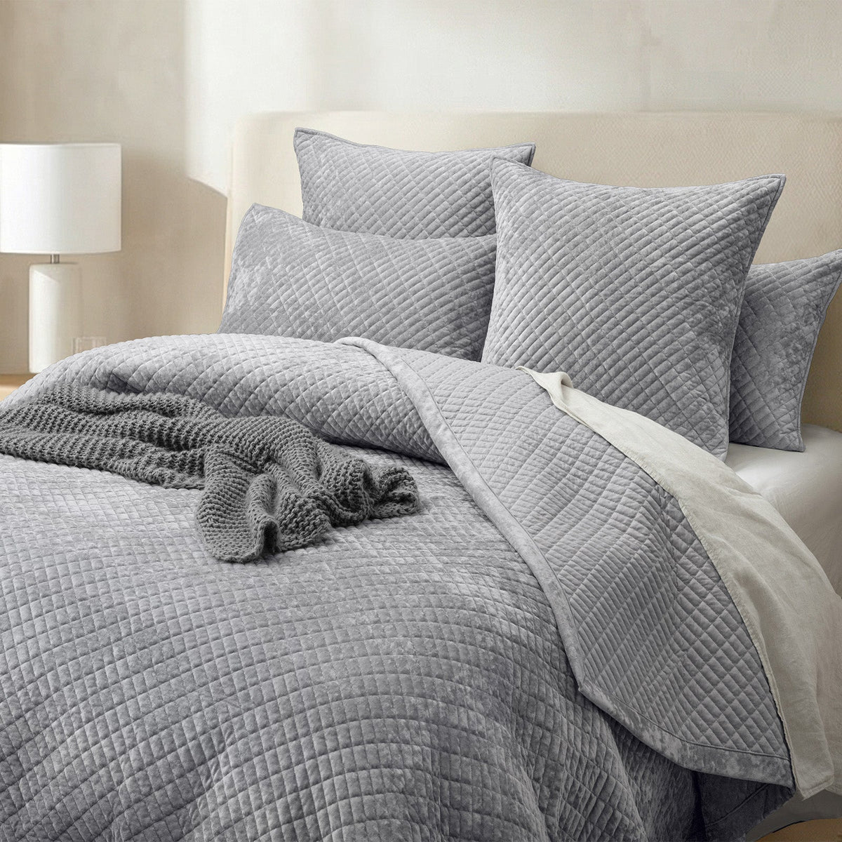 Renee Taylor Archie Cross Stitch Velvet Coverlet Set - Silver Line (Bedspread with Cotton Reverse)