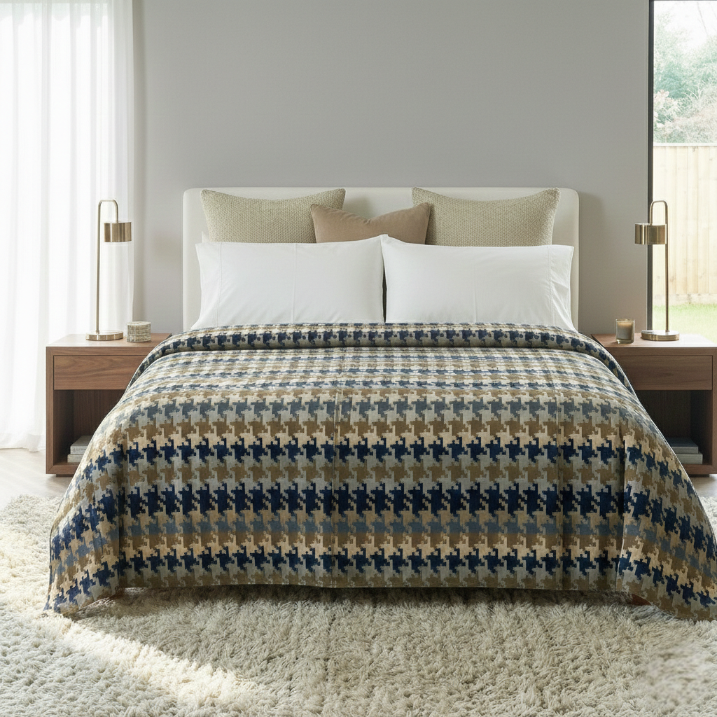 Renee Taylor Heavy Weight Reversible Printed Mink Blanket - Houndstooth Check (220 x 240cm)