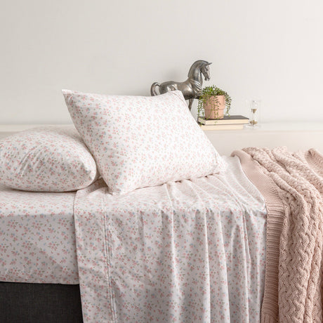 Renee Taylor Ditsy 300TC Organic Cotton Sheet Set - Pink Mini Leaf Print (GOTS Certified)