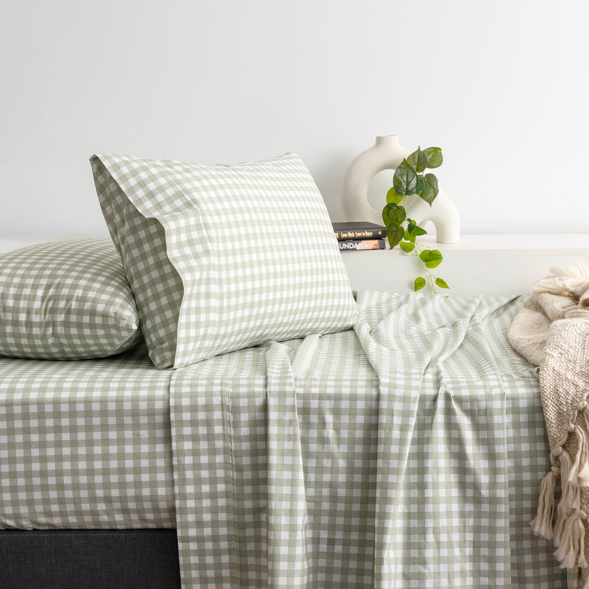 Renee Taylor Stewart 300TC Organic Cotton Sheet Set - Sage Gingham (GOTS Certified)