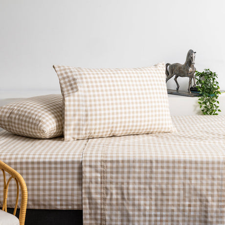 Renee Taylor Brooke 300TC Organic Cotton Sheet Set - Beige Gingham (GOTS Certified)