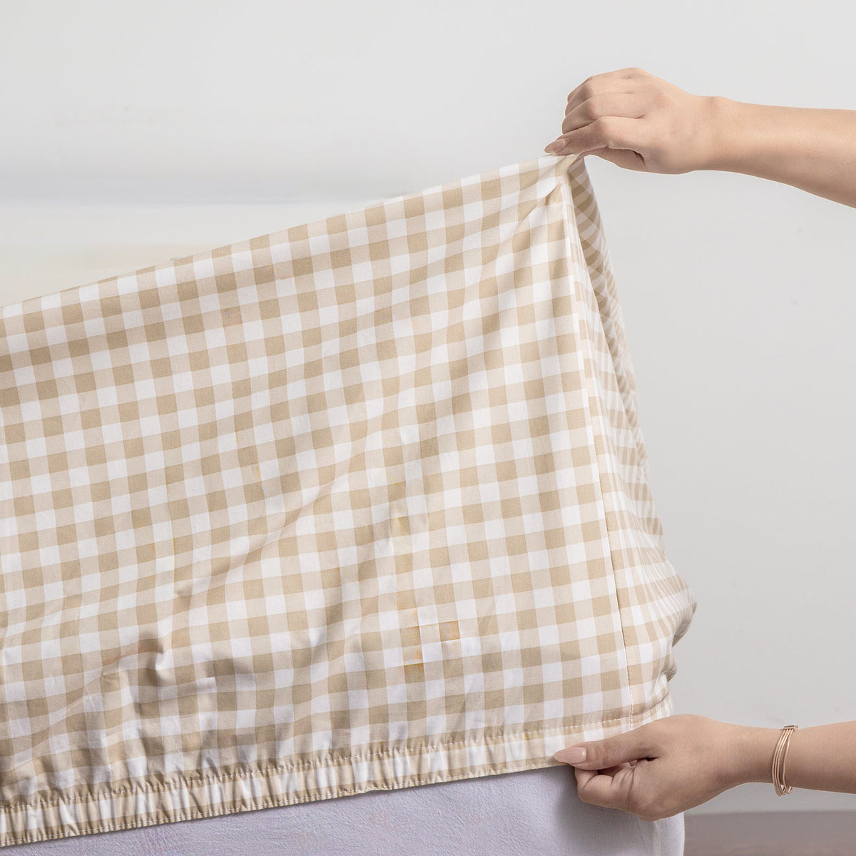 Renee Taylor Brooke 300TC Organic Cotton Sheet Set - Beige Gingham (GOTS Certified)