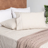 Renee Taylor Brooke 300TC Organic Cotton Sheet Set - Beige Gingham (GOTS Certified)