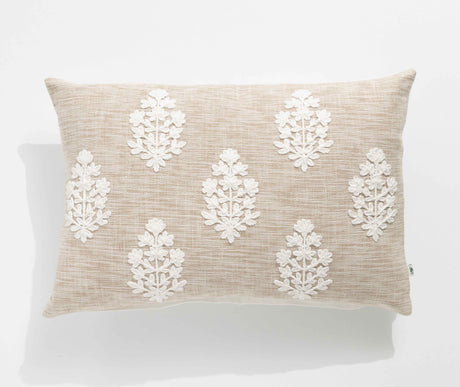 Renee Taylor Mirabella Cotton Cushion - Natural Embroidered (Rectangle Decorative Throw Pillow - 35 x 50cm)