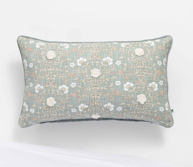 Renee Taylor Claudia Cotton Cushion - Sage Botanical (Rectangle Decorative Throw Pillow - 35 x 60cm)