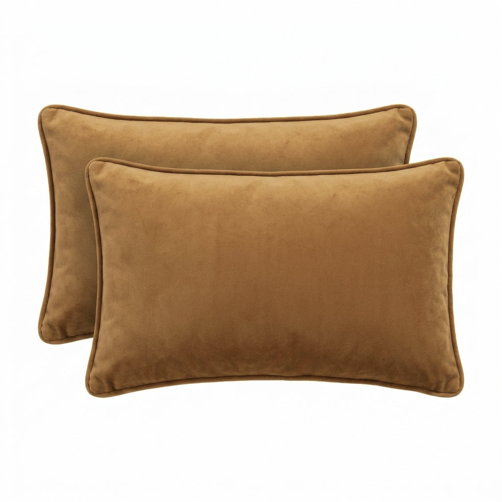 2x Renee Taylor Icon Velvet Cushion - Mustard Tan (Rectangle Decorative Throw Pillow Twin Pack - 30 x 50cm)