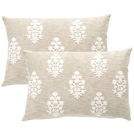 2x Renee Taylor Mirabella Cotton Cushion - Natural Embroidered (Rectangle Decorative Throw Pillow Twin Pack - 35 x 50cm)