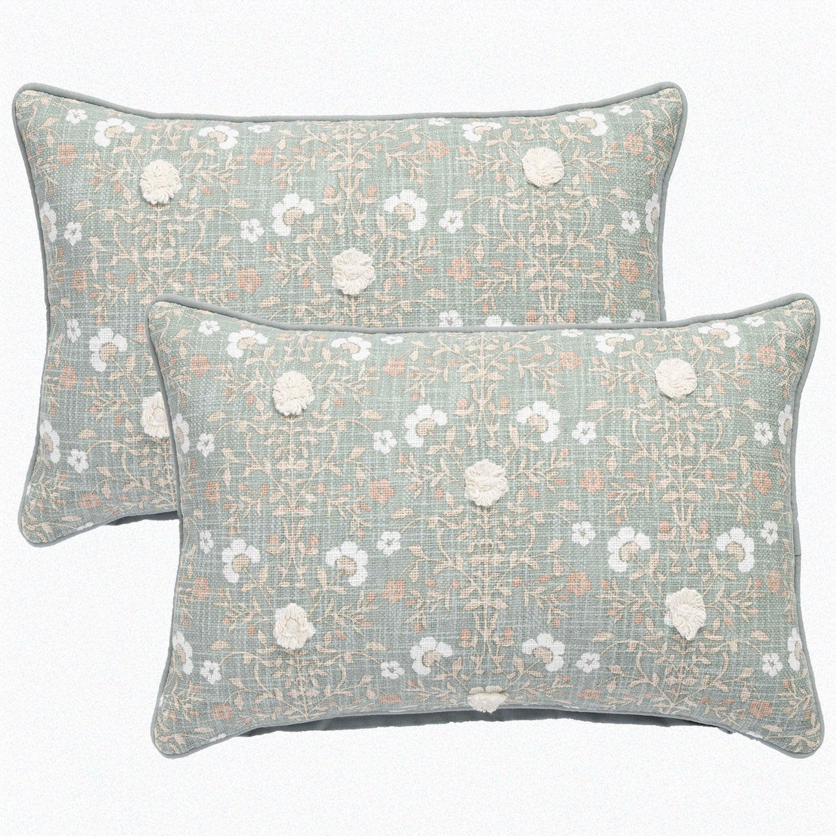 2x Renee Taylor Claudia Cotton Cushion - Sage Botanical (Rectangle Decorative Throw Pillow Twin Pack - 35 x 60cm)