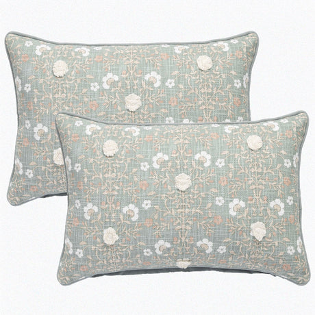 2x Renee Taylor Claudia Cotton Cushion - Sage Botanical (Rectangle Decorative Throw Pillow Twin Pack - 35 x 60cm)
