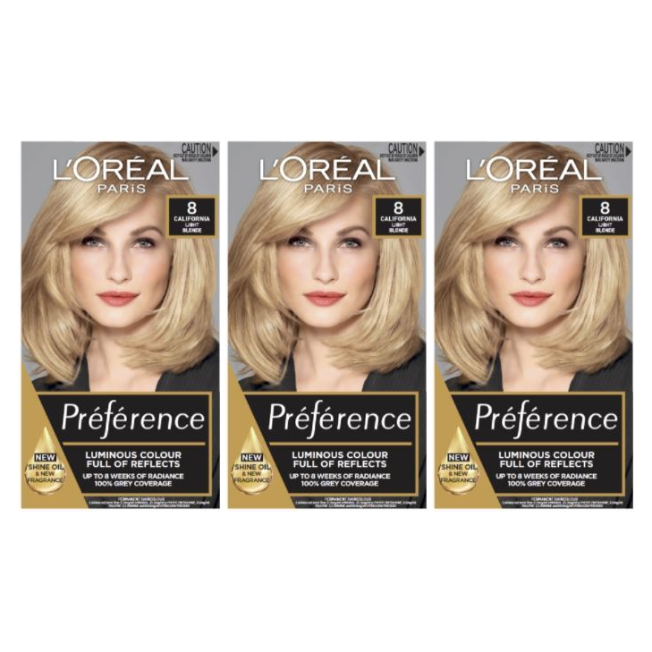 3x L'Oréal Paris Preference Permanent Hair Colour Pack - 8 California Natural Blonde
