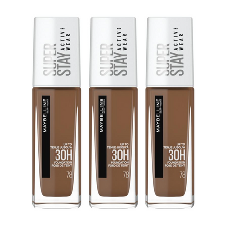 3x Maybelline Super Stay 30H Active Wear Foundation 30ml - 78 DEEP BRONZE