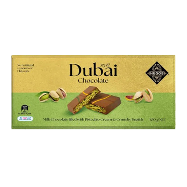 100g Hugos Dubai Chocolate Block (Milk Chocolate filled with Pistachio Cream & Knafeh)