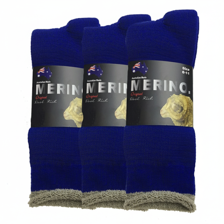 3 Pairs MERINO WOOL SOCKS Mens Heavy Duty Premium Thick Work Socks Cushion - Blue - 6-11