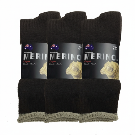 3 Pairs MERINO WOOL SOCKS Mens Heavy Duty Premium Thick Work Socks Cushion - Brown - 11-14