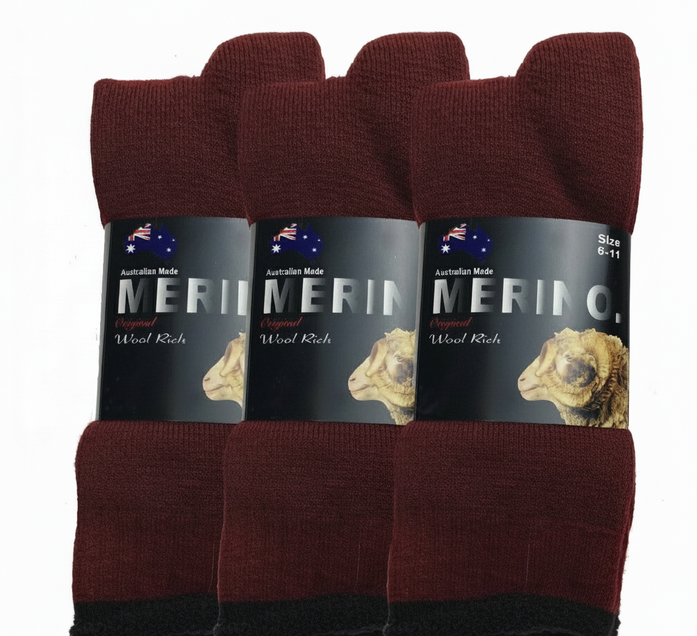 3 Pairs MERINO WOOL SOCKS Mens Heavy Duty Premium Thick Work Socks Cushion in Burgundy - 11-14