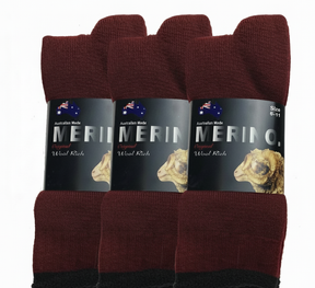 3 Pairs Burgundy Merino Wool Socks - Mens Heavy Duty Premium Thick Work Socks w/ Cushion
