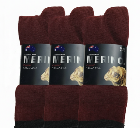 3 Pairs MERINO WOOL SOCKS Mens Heavy Duty Premium Thick Work Socks Cushion in Burgundy - 11-14