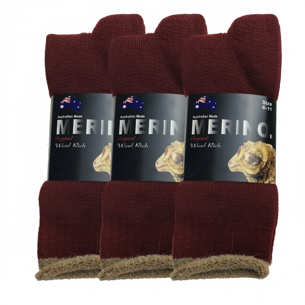 3 Pairs MERINO WOOL SOCKS Mens Heavy Duty Premium Thick Work Socks Cushion in Burgundy - 6-11