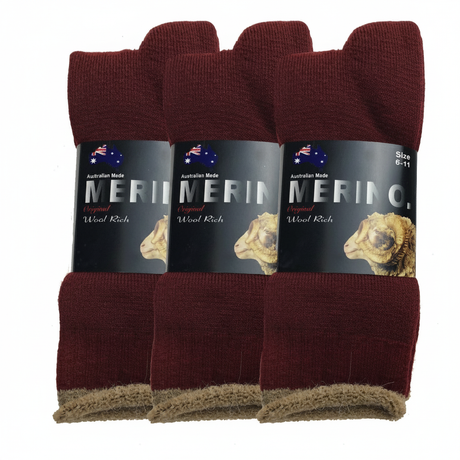 3 Pairs MERINO WOOL SOCKS Mens Heavy Duty Premium Thick Work Socks Cushion in Burgundy - 6-11