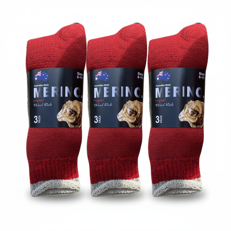 3 Pairs MERINO WOOL SOCKS Mens Heavy Duty Premium Thick Work Socks Cushion in Red
