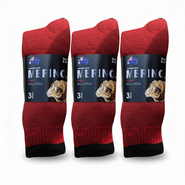 3 Pairs MERINO WOOL SOCKS Mens Heavy Duty Premium Thick Work Socks Cushion in Red