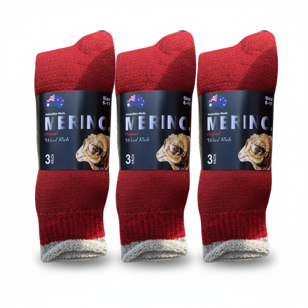 3 Pairs MERINO WOOL SOCKS Mens Heavy Duty Premium Thick Work Socks Cushion in Red - 6-11