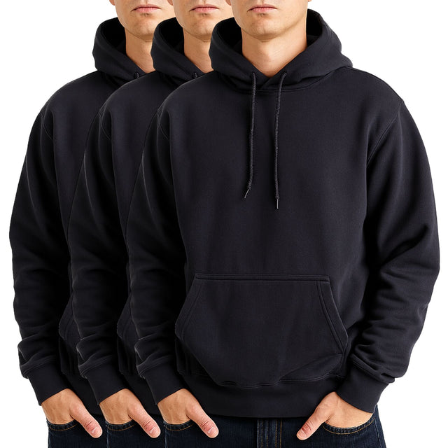 3x Mens Cotton Blend Black Hoodie Pack - Fleece Lined Jumper/Pullover/Sweatshirt