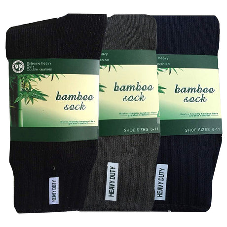 3 Pairs Bamboo Work Socks - Assorted Colours (Mens Heavy Duty Thick Socks w/ Cushion)