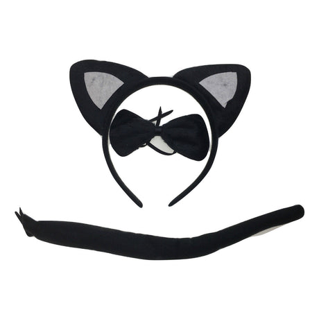 3pcs Black Cat Animal Set - Bow Tie, Tail & Ears (Book Week Costume & Halloween Fancy Dress)