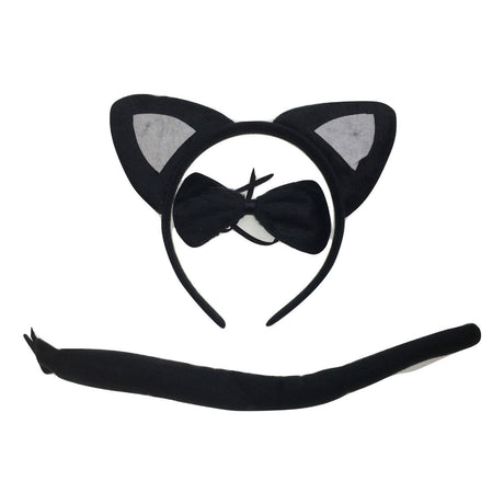 3pcs Black Cat Animal Set - Bow Tie, Tail & Ears (Book Week Costume & Halloween Fancy Dress)