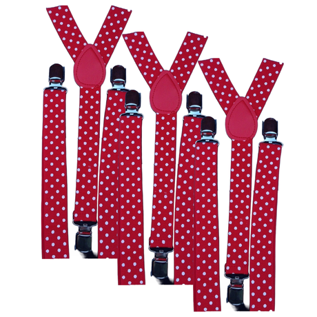 3x Red/White Polka Dot Slim Suspenders Bulk Pack - Strong Adjustable Clip On Braces for Weddings/Formals