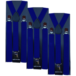 3x Blue Slim Suspenders Bulk Pack - Strong Adjustable Clip On Braces for Weddings/Formals