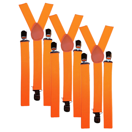 3x Fluro Orange Slim Suspenders Bulk Pack - Strong Adjustable Clip On Braces for Weddings/Formals