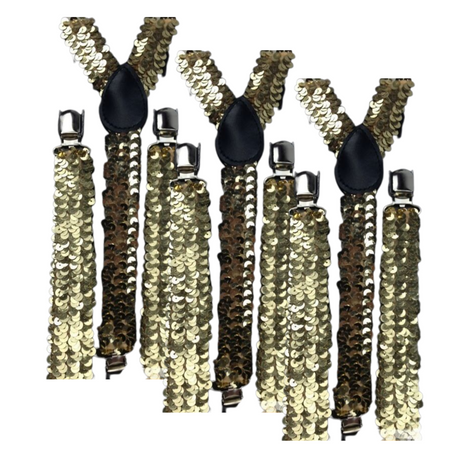 3x Gold Sequin Slim Suspenders - Strong Adjustable Clip On Braces for Weddings/Formals