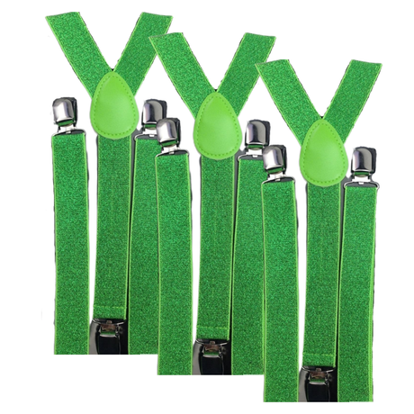 3x Green Glitter Slim Suspenders Bulk Pack - Strong Adjustable Clip On Braces for Weddings/Formals