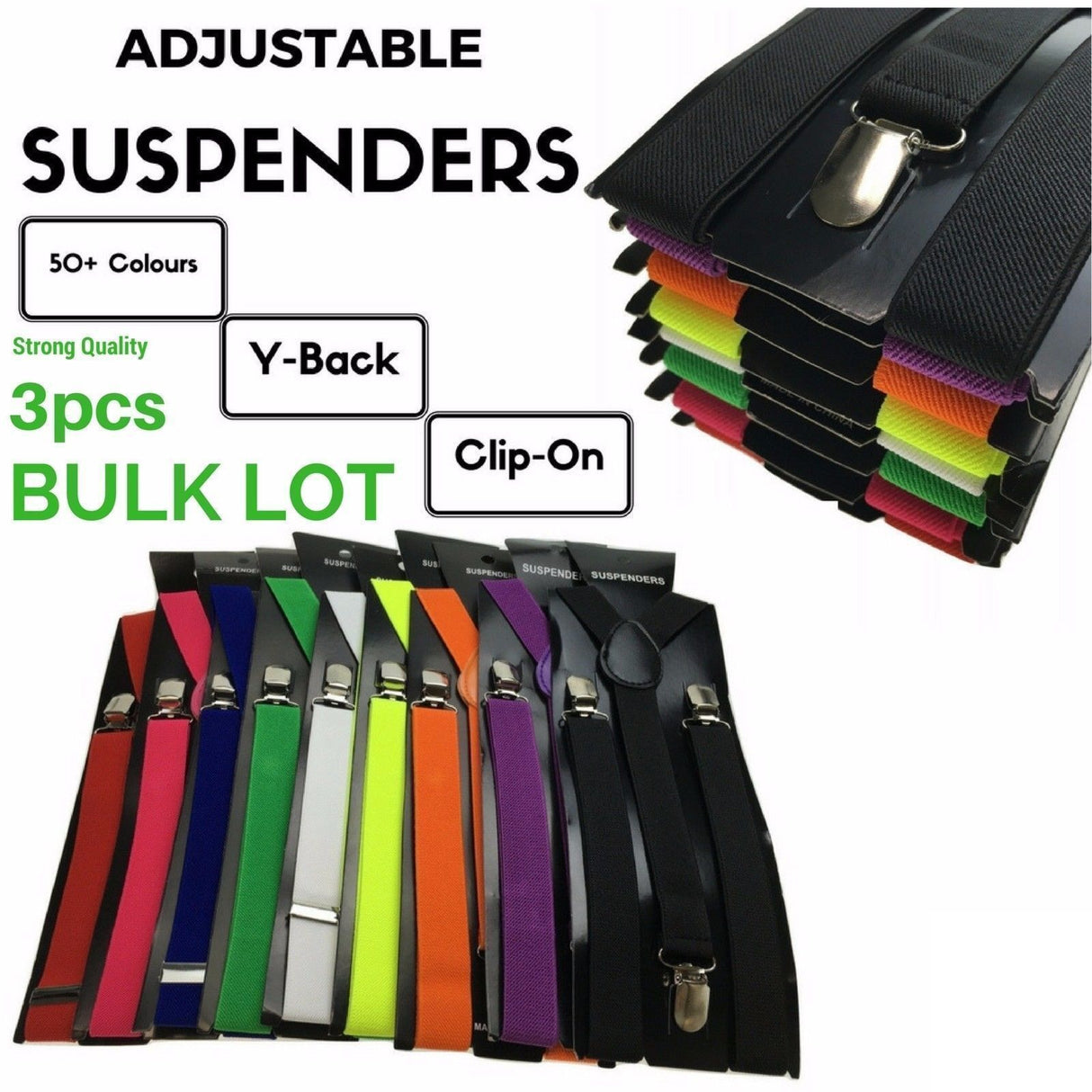 3x Green Slim Suspenders Bulk Pack - Strong Adjustable Clip On Braces for Weddings/Formals