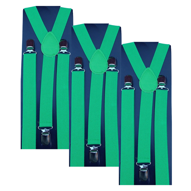 3x Green Slim Suspenders Bulk Pack - Strong Adjustable Clip On Braces for Weddings/Formals
