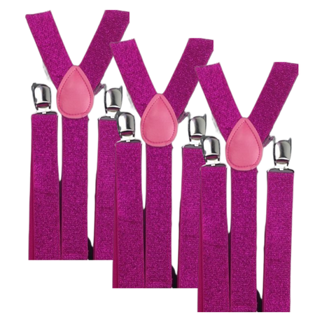 3x Hot Pink Glitter Slim Suspenders Bulk Pack - Strong Adjustable Clip On Braces for Weddings/Formals
