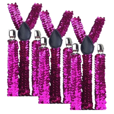 3x Hot Pink Sequin Slim Suspenders Bulk Pack - Strong Adjustable Clip On Braces for Weddings/Formals